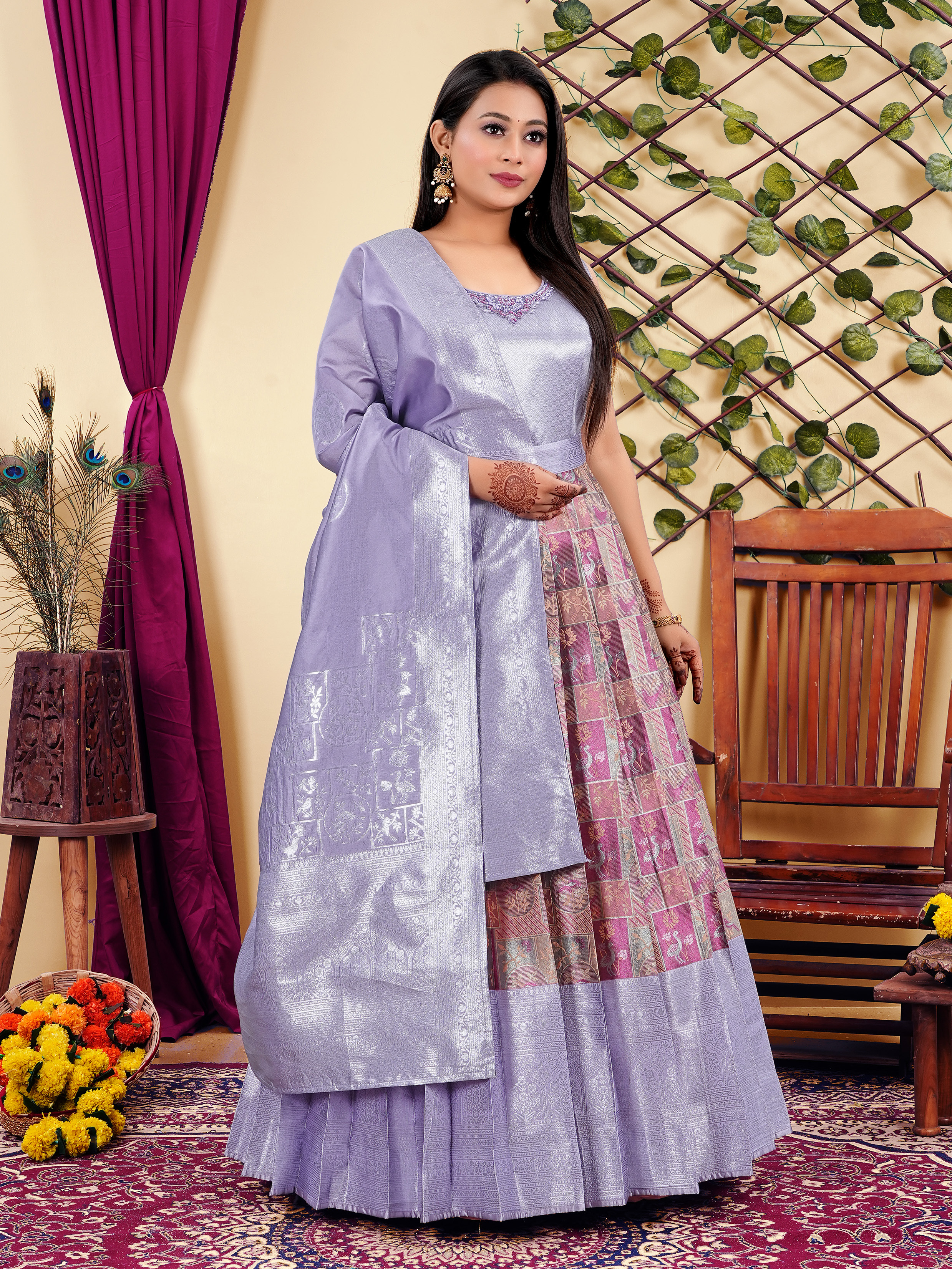 Elegant Peach Banarasi Silk Gown with Rich Zari Detailing