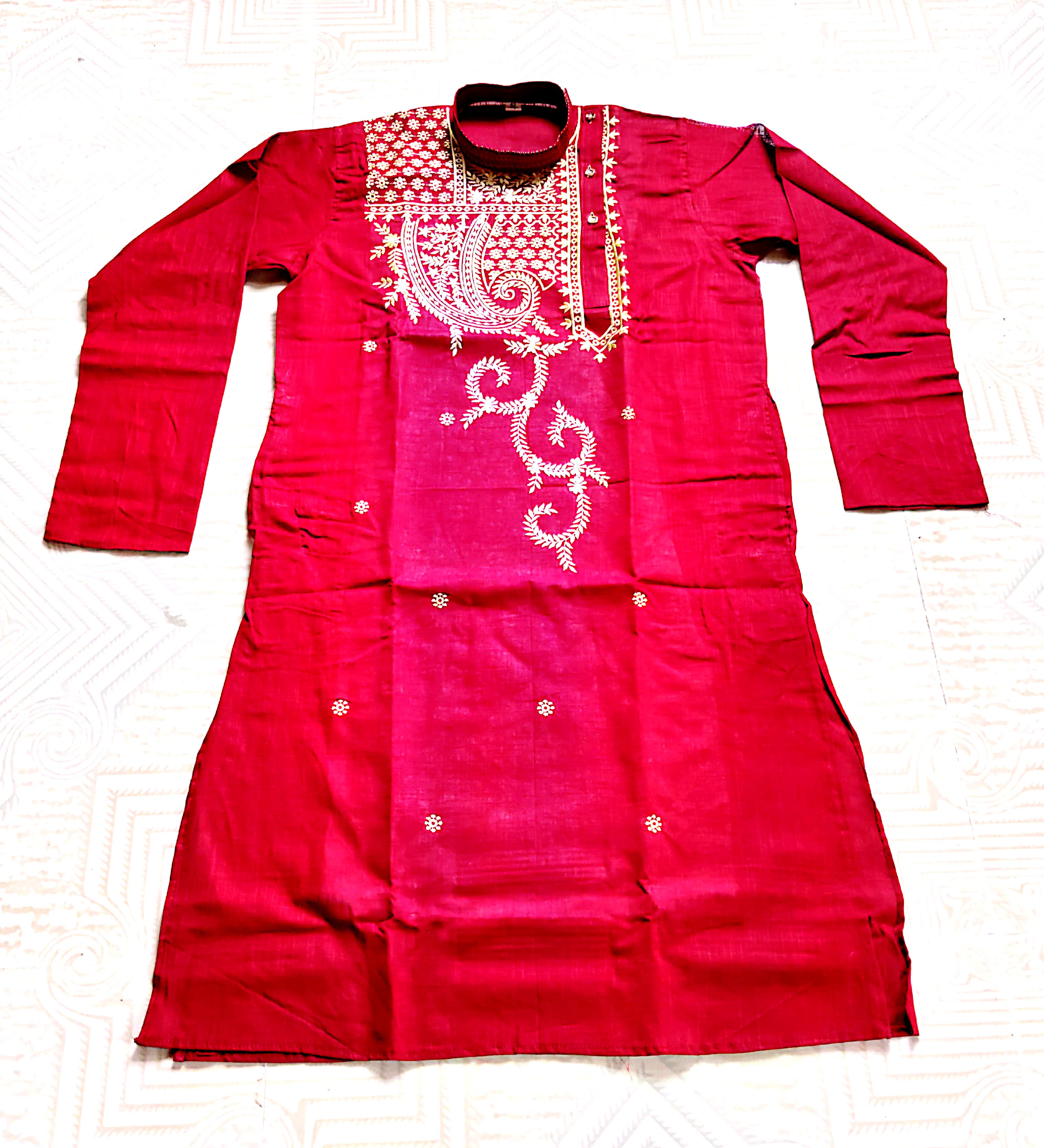 Red Embroidered Cotton Kurta