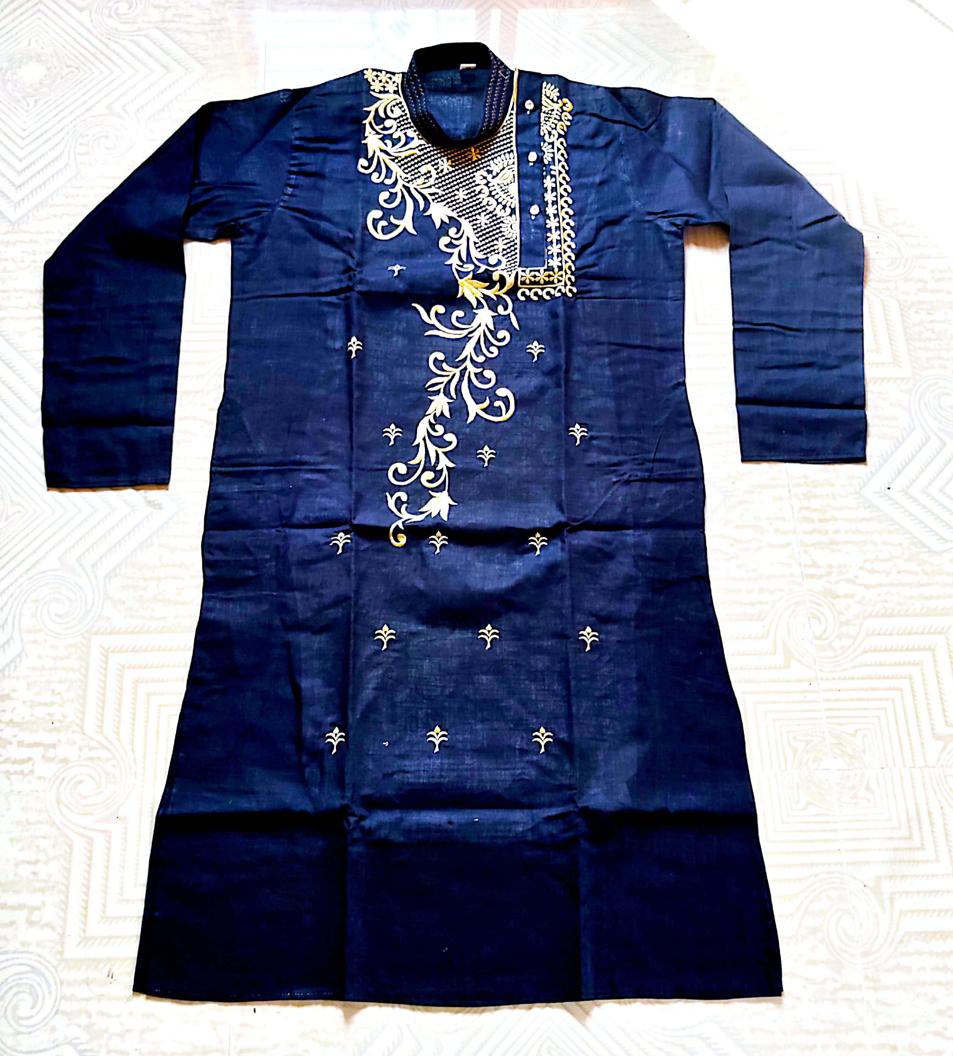 Navy Cotton Kurta with Golden Embroidery 