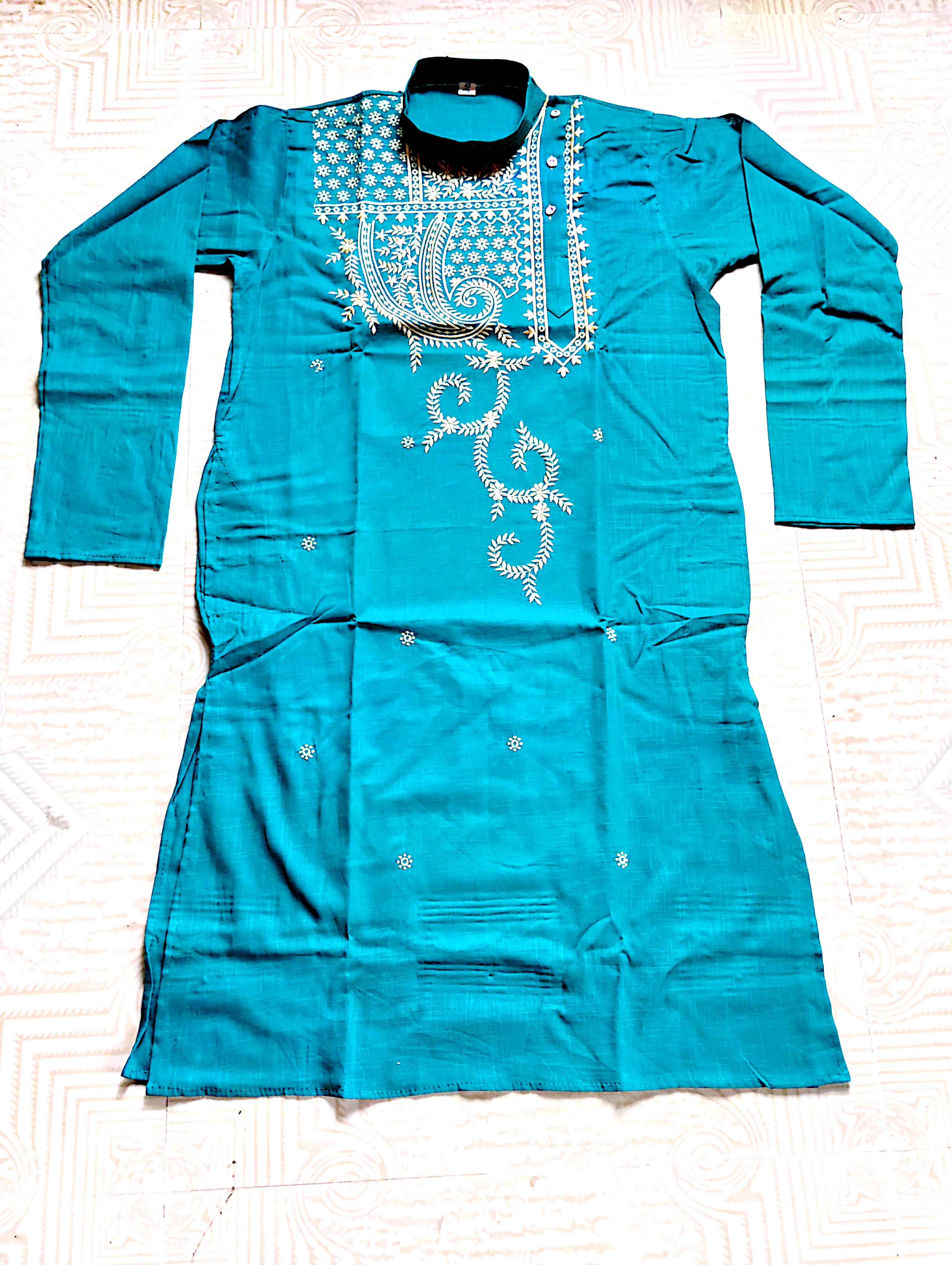 Teal Embroidered Cotton Long Sleeve Kurta