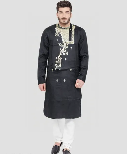 Elegant Black Cotton Kurta with Gold Embroidery 