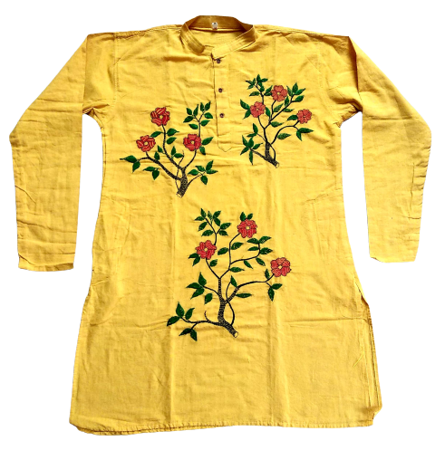 Yellow Floral Kantha Stitch Kurta 