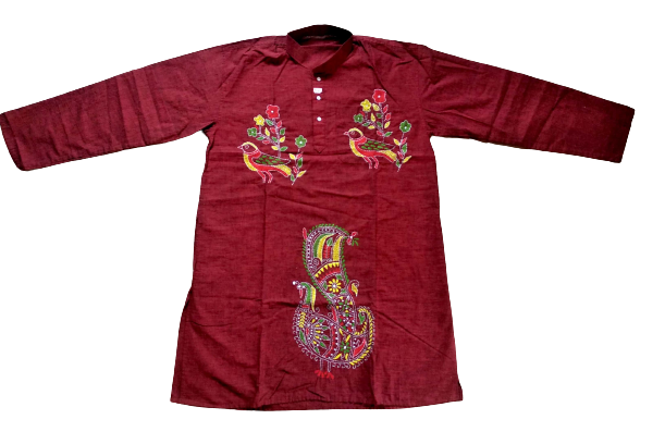 Maroon Bird Motif Kantha Stitch Kurta 