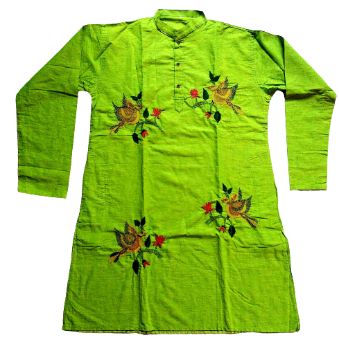 Green Bird And Flower Kantha Stitch Kurta 