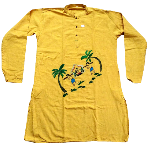 Yellow Cultural Scene Kantha Stitch Kurta 