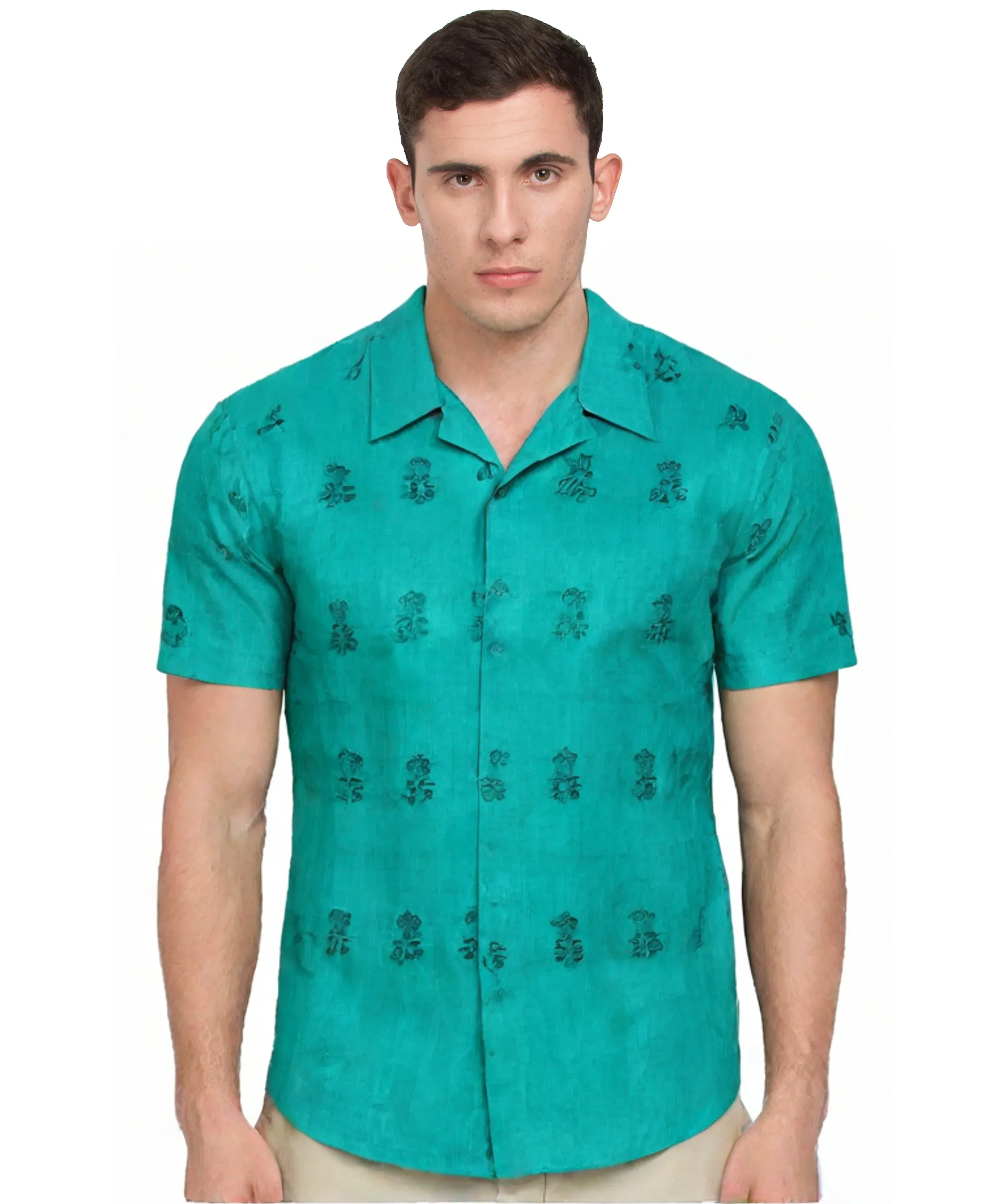 Teal Pattern Print Cotton Shirt