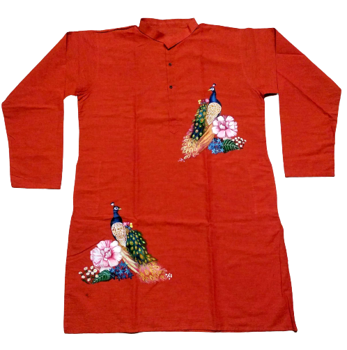 Terracotta Peacock and Floral Print Cotton Kurta 