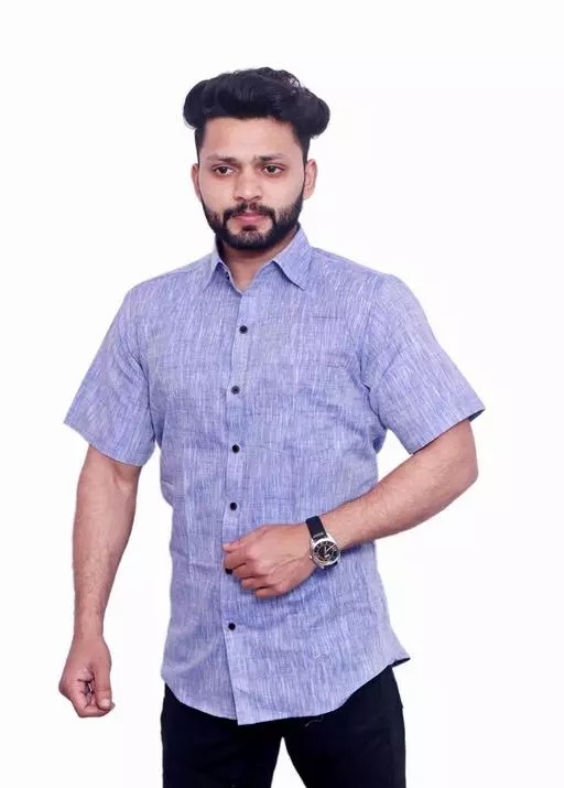 Light Blue Textured Cotton Short Sleeve Shirt 
