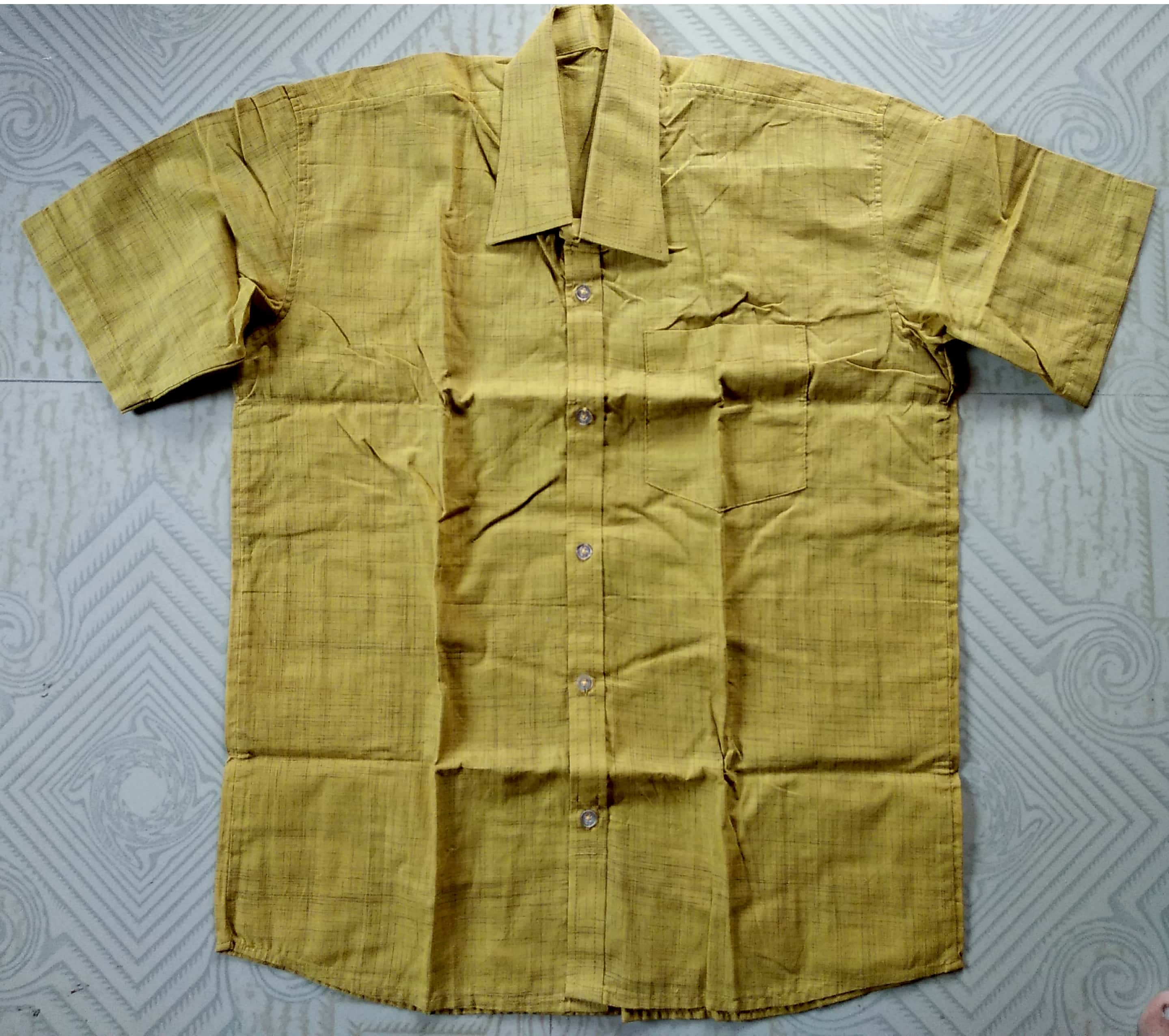 Mustard Yellow Textured Cotton Short Sleeve Shirt 