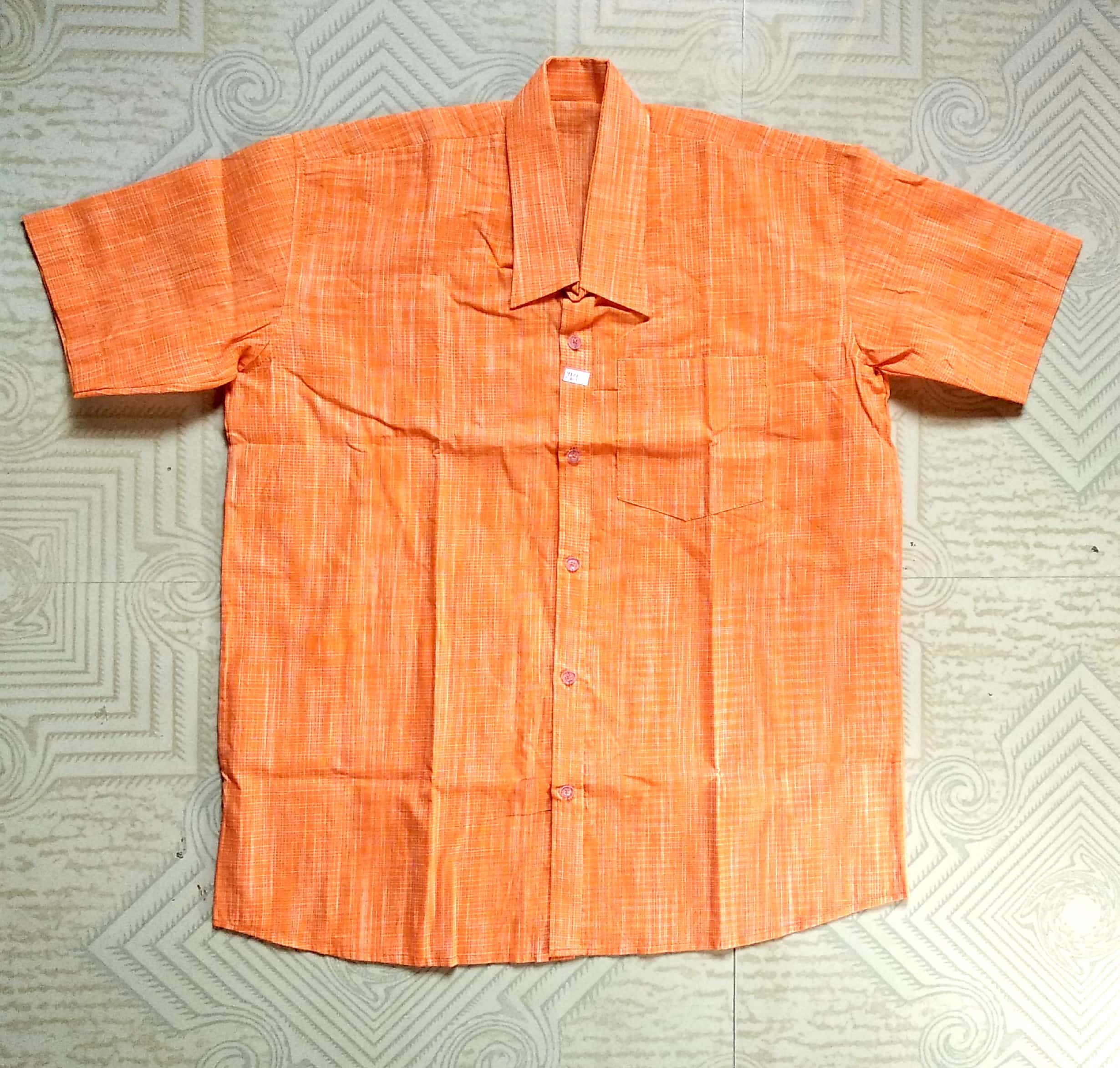  Vibrant Orange Textured Cotton Short Sleeve Shirt 
