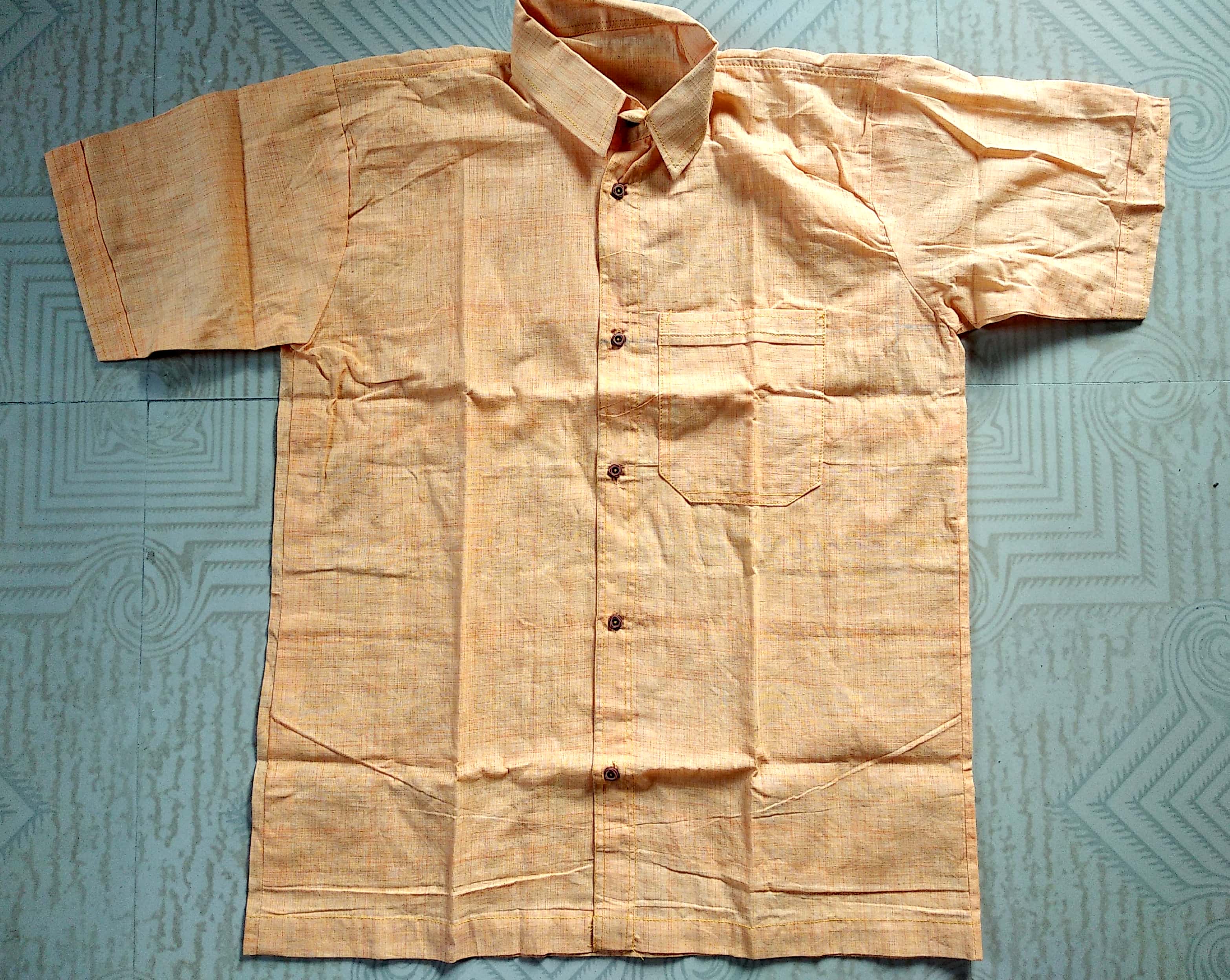 Soft Light Orange Textured Cotton Short Sleeve Shirt