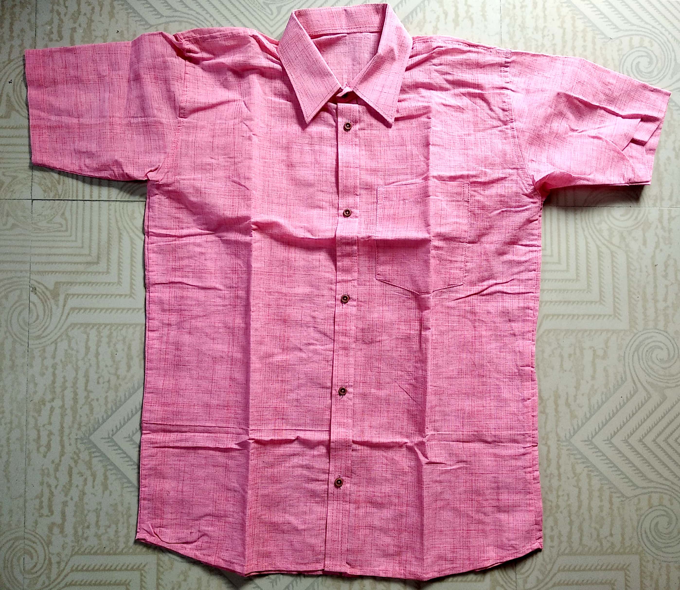  Rose Pink Textured Cotton Short Sleeve Shirt 