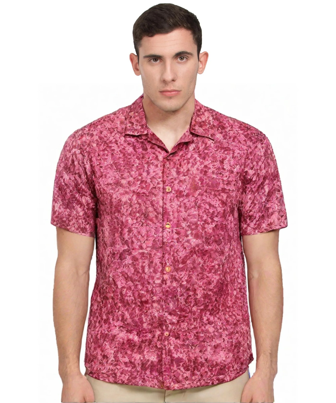Pink Floral Pattern Cotton Short Sleeve Shirt 