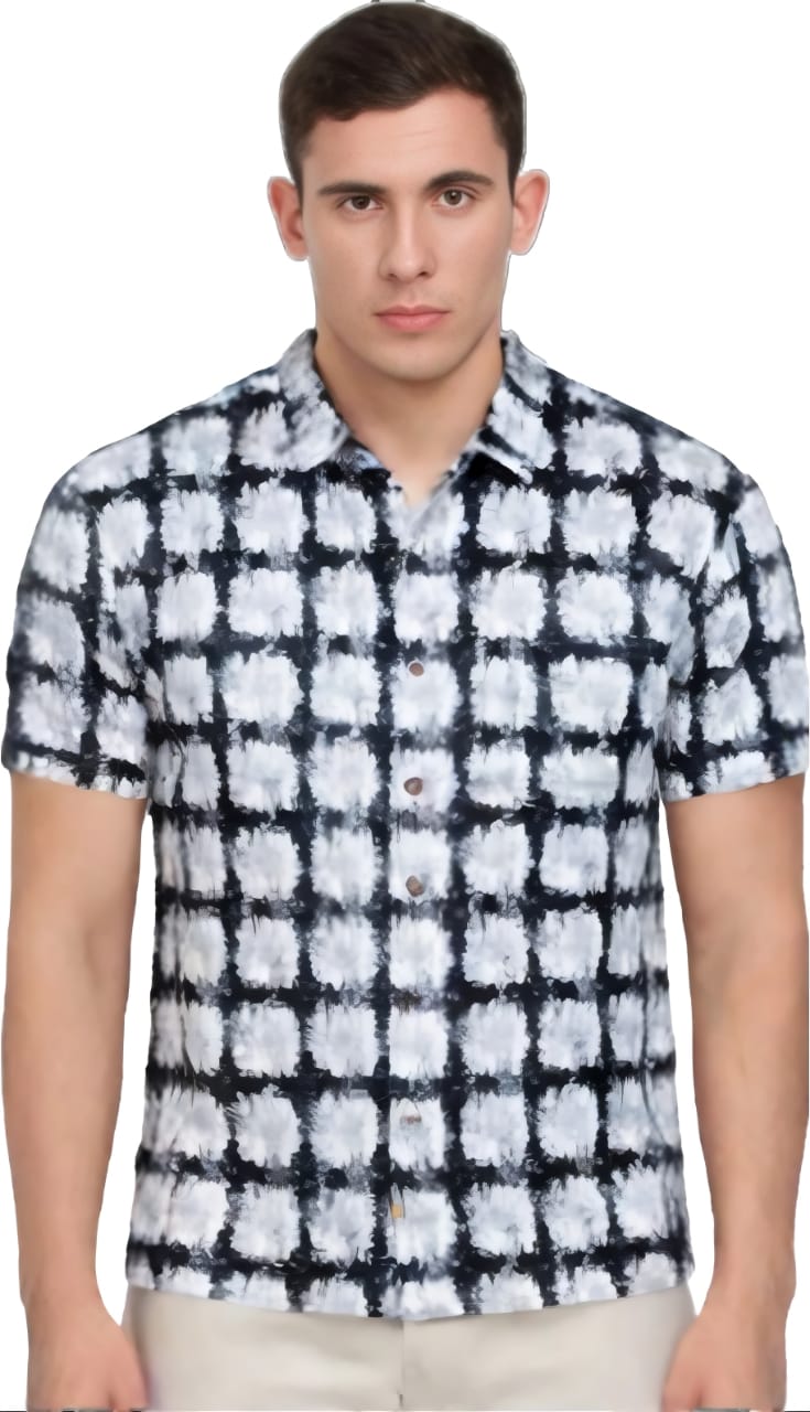 Black and White Checkered Pattern Cotton Short Sleeve Shirt 