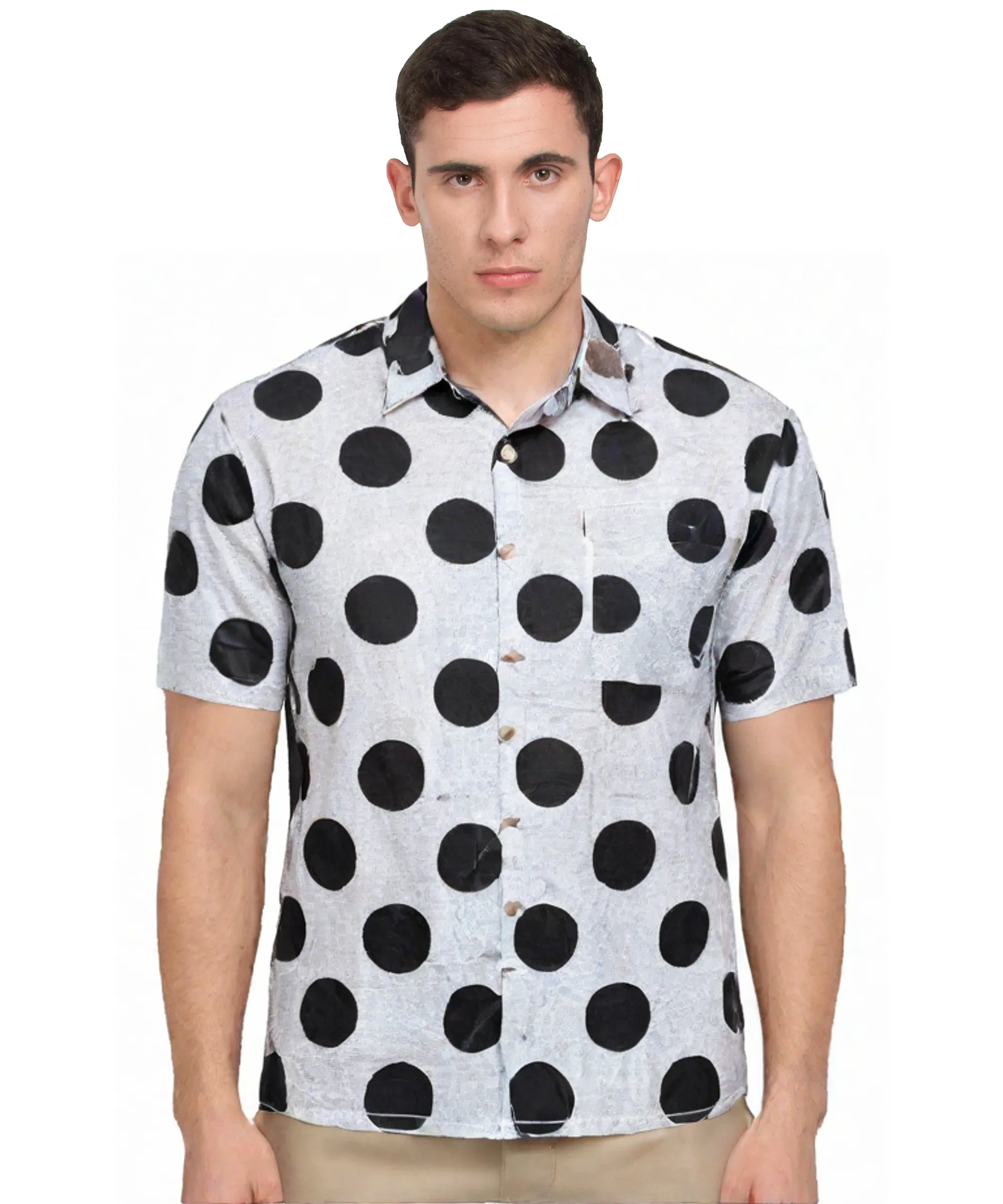 Grey Polka Dot Cotton Short Sleeve Shirt 