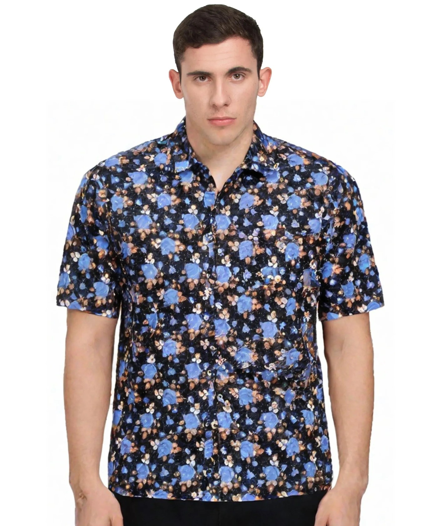 Black Blue Floral Pattern Cotton Short Sleeve Shirt 
