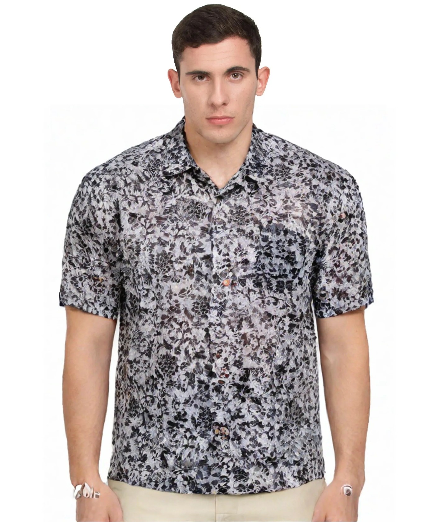  Grey Floral Pattern Cotton Short Sleeve Shirt 