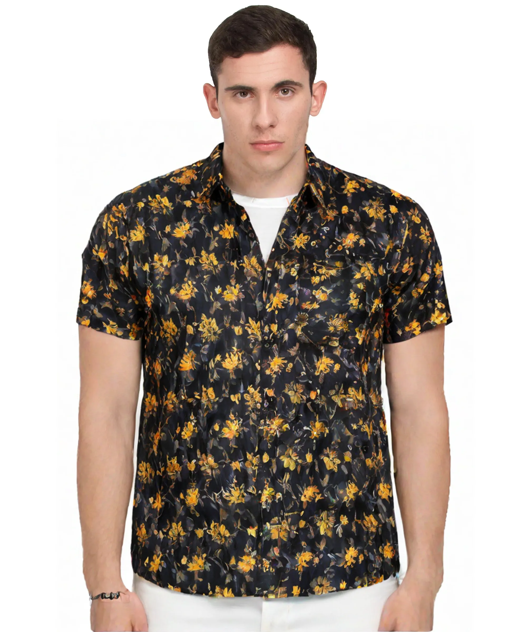 Black Yellow Floral Pattern Cotton Short Sleeve Shirt 