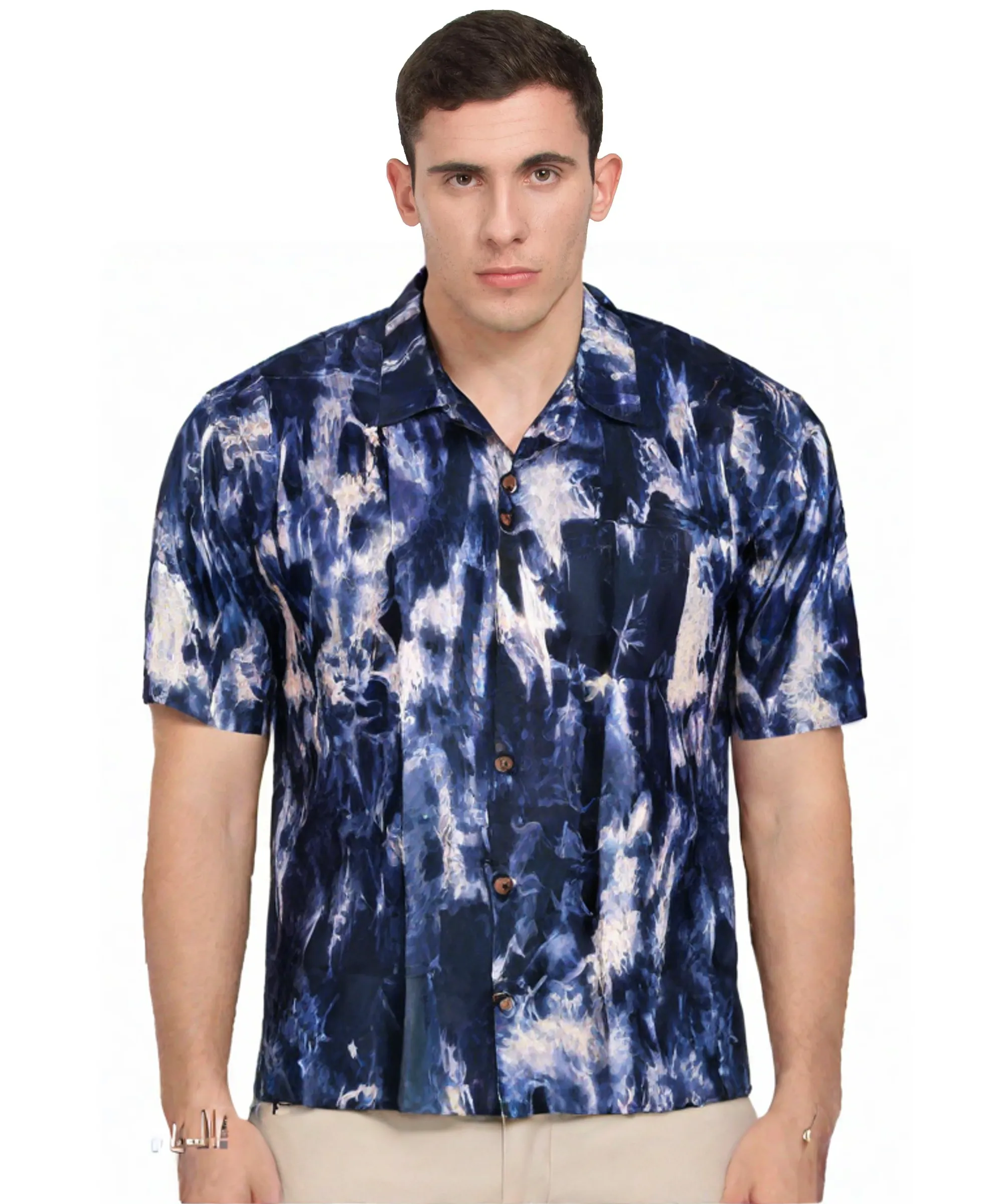Blue and White Tie Dye Cotton Short Sleeve Shirt 
