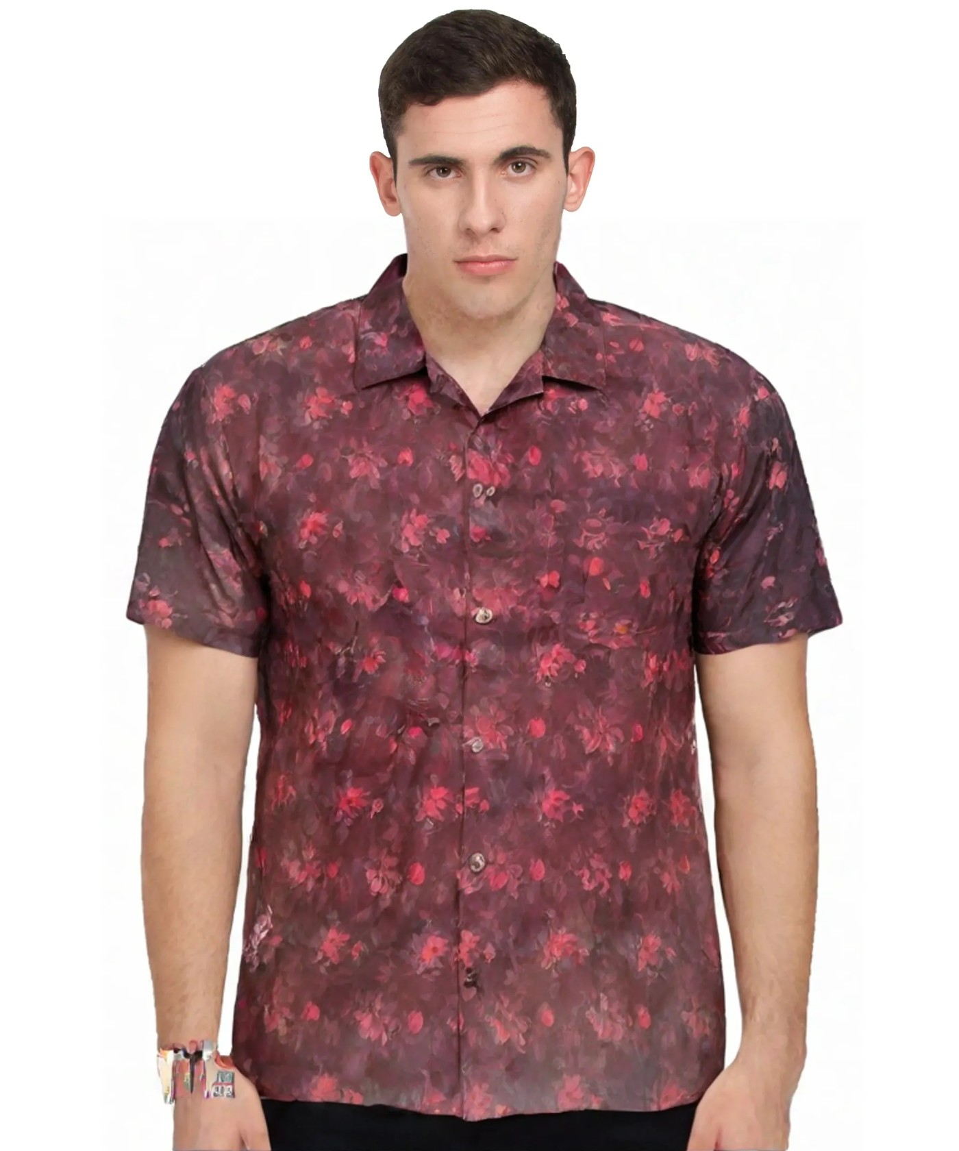 Dark Floral Pattern Cotton Short Sleeve Shirt 