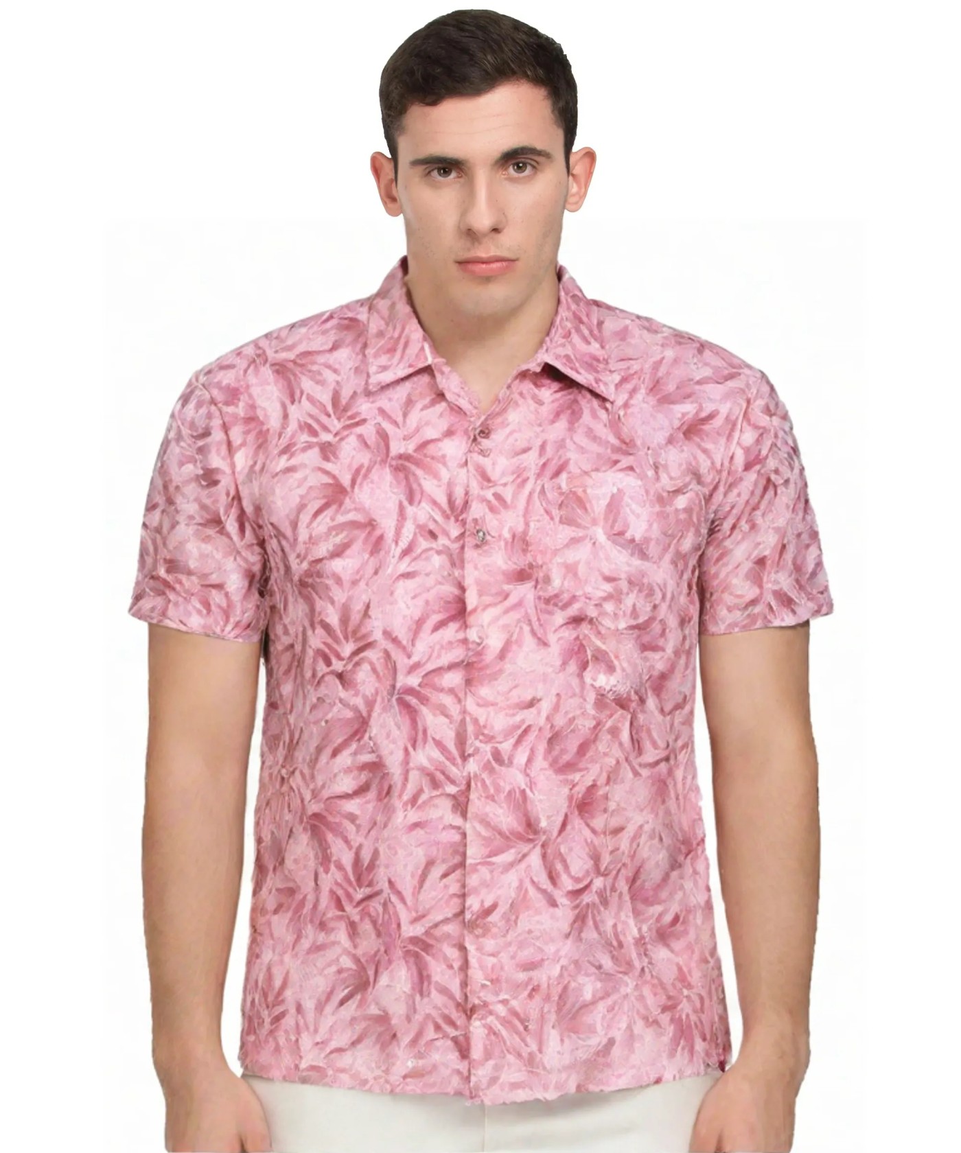 Maroon Leaf Pattern Cotton Short Sleeve Shirt 