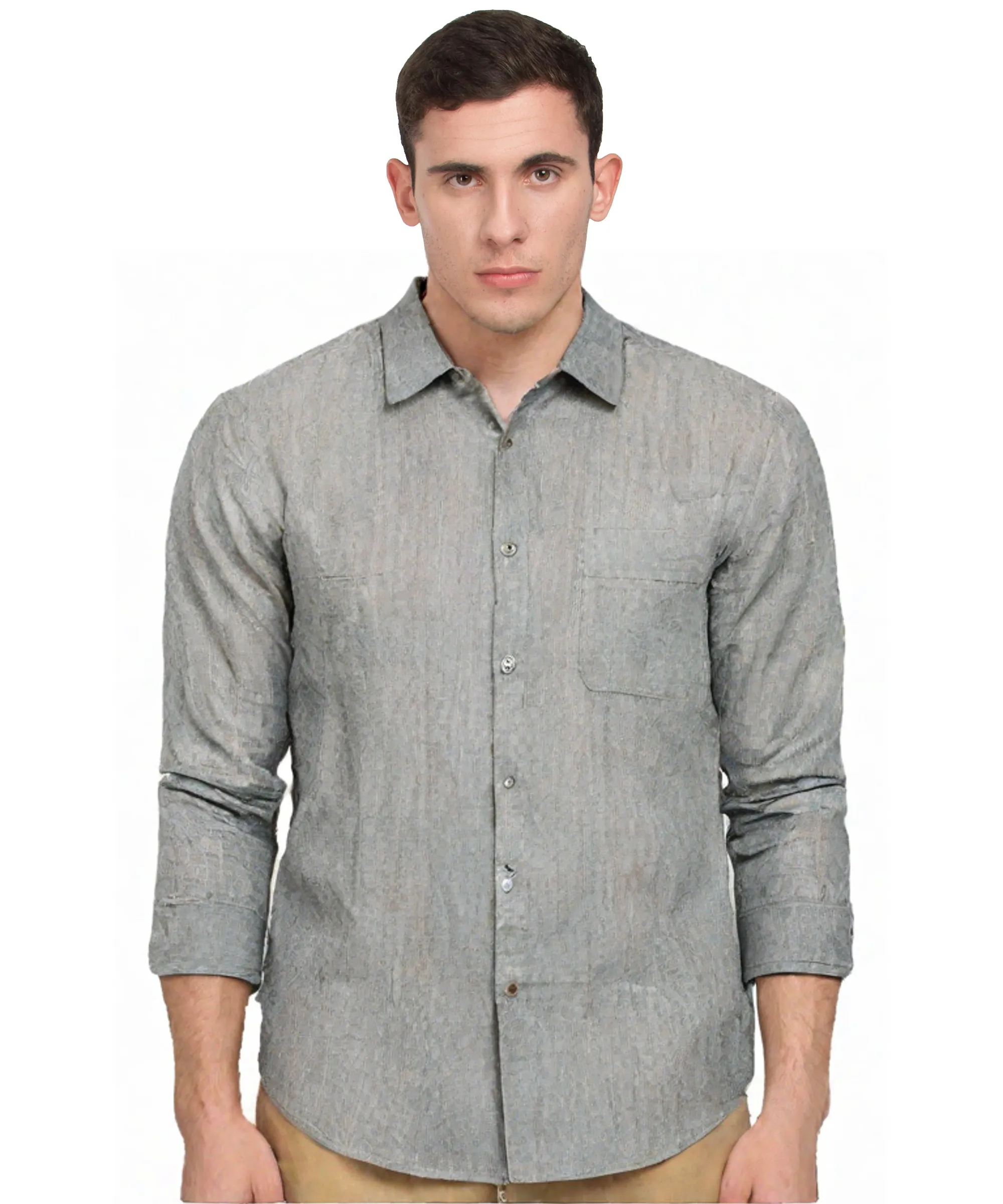 Grey Textured Long Sleeve Cotton Shirt 